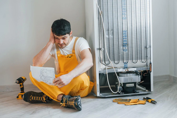 confused handyman in a yellow uniform reading manual fridge indoors house renovation conception